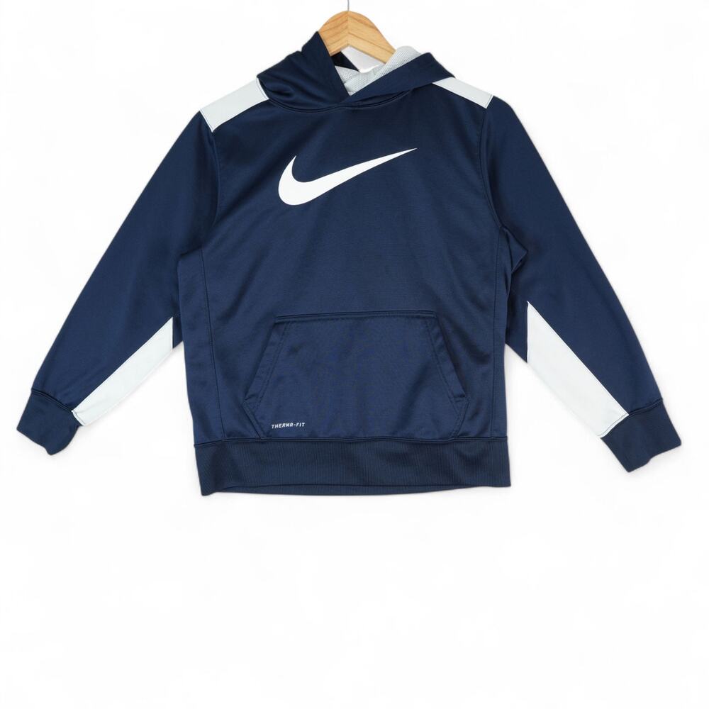 Nike Hoodie Youth Boys L Navy Blue White Center Swoosh‎ Therma Fit Sweatshirt